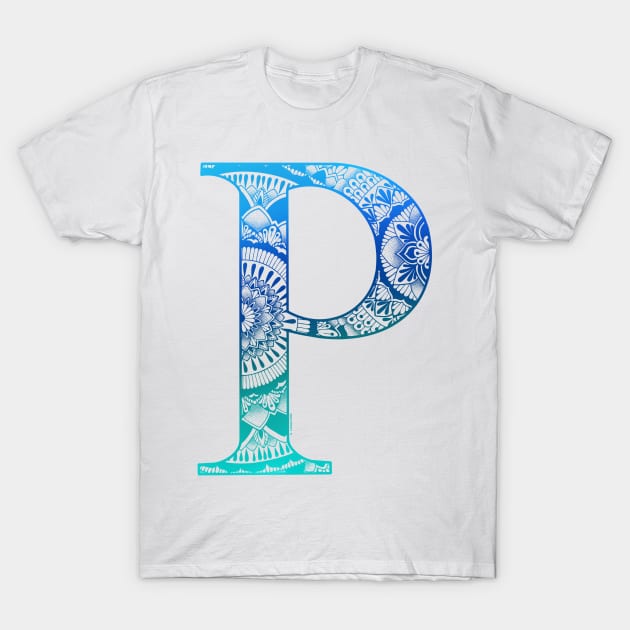 Mandala Letter Capital P Blue T-Shirt by Shaseldine